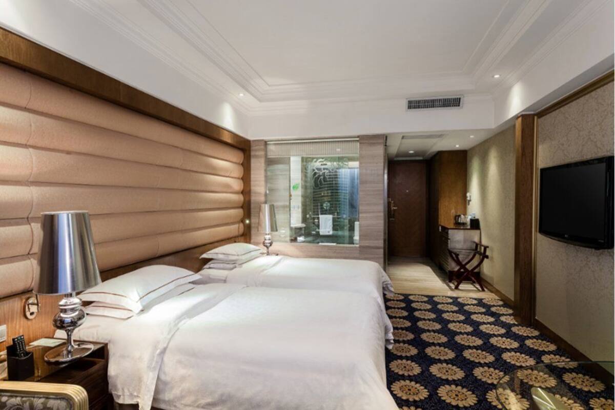 A hotel room with a large bed, a bedside table with a lamp, a television on the wall, and a patterned carpet.