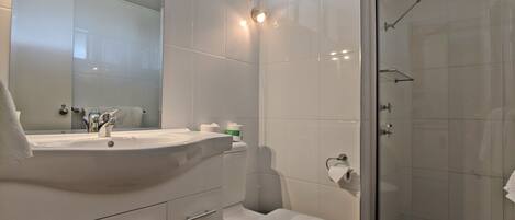 A modern bathroom with a sink, mirror, toilet, and shower.