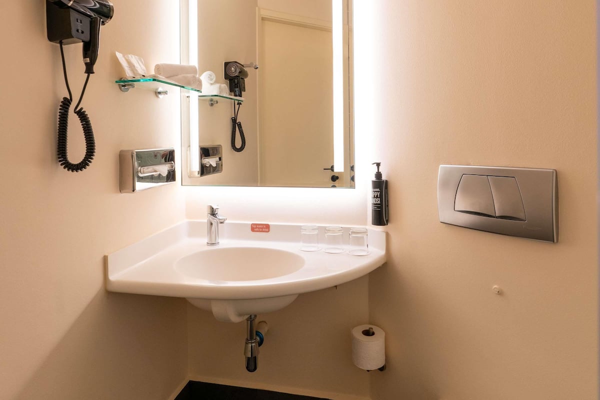 Et badeværelse med vask, spejl, håndklædetørrestativ, hårtørrer og toiletpapir.
