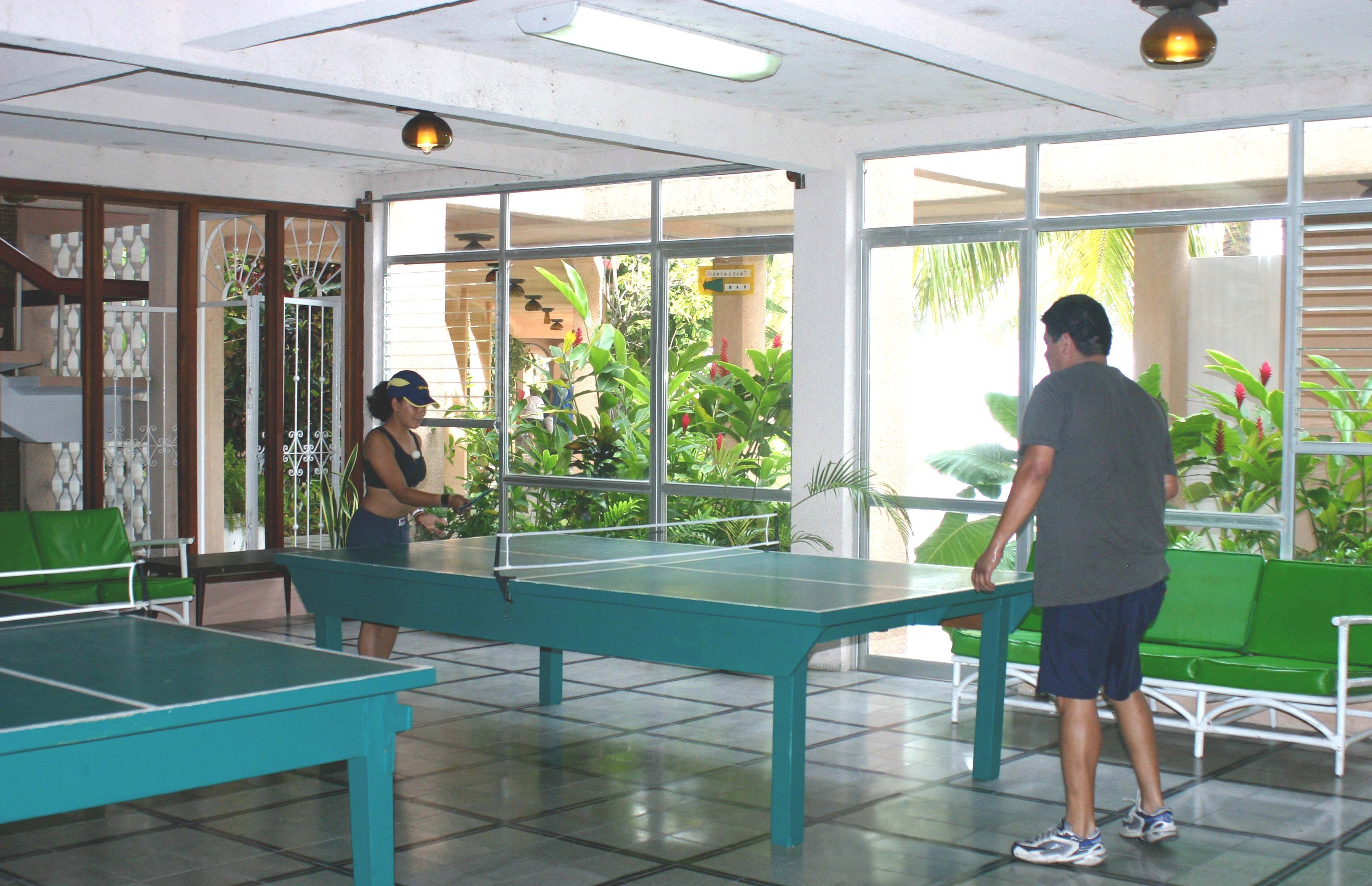 A ping pong table in a room with large windows, green chairs, and potted plants.