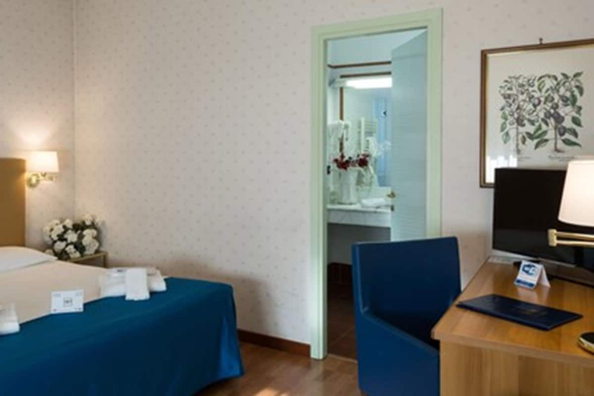A hotel room with a bed, a desk, a chair, and a mirror.