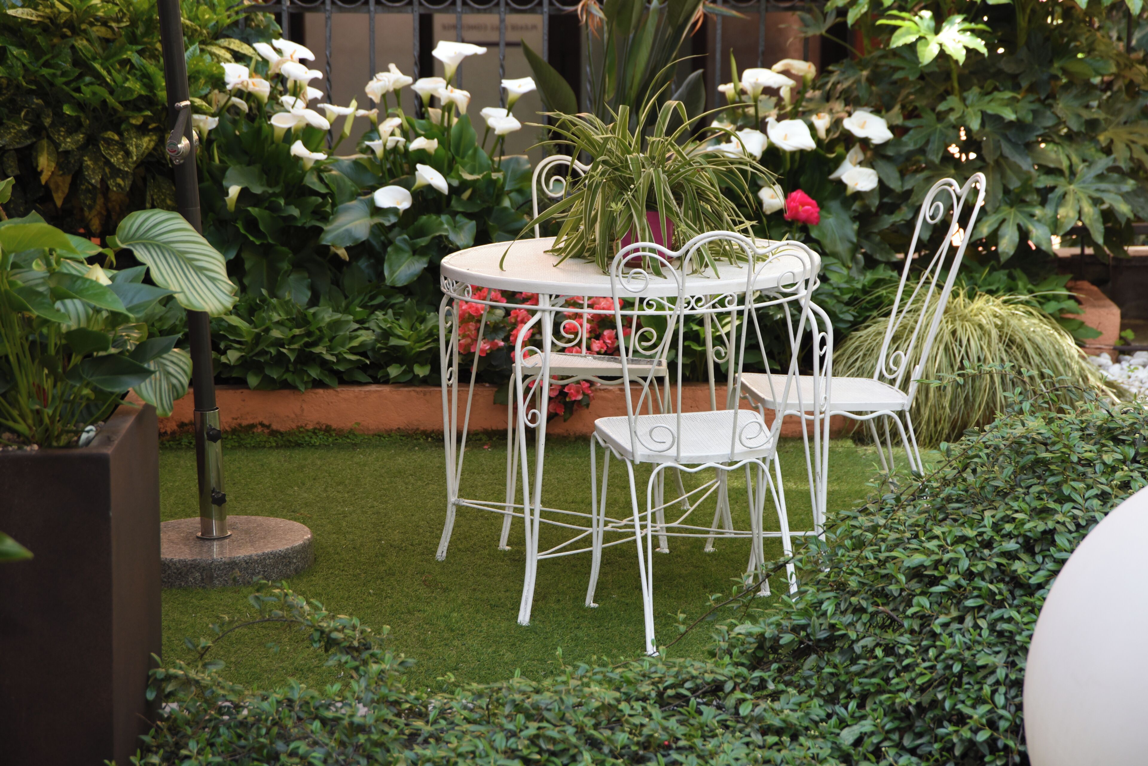 A round metal table with four chairs, surrounded by lush greenery and white flowers.