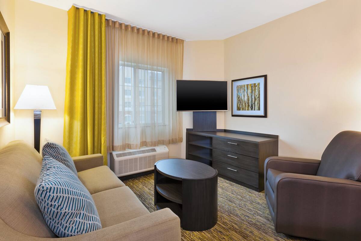 Una camera d'hotel con divano, poltrona, televisore e un quadro appeso al muro.