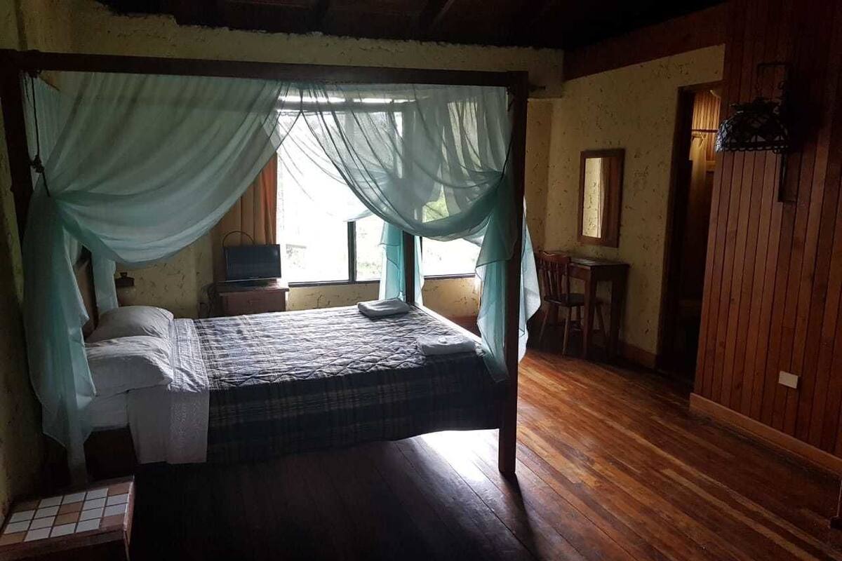 A room with a bed, a small table, a chair, a television, and a window with curtains.