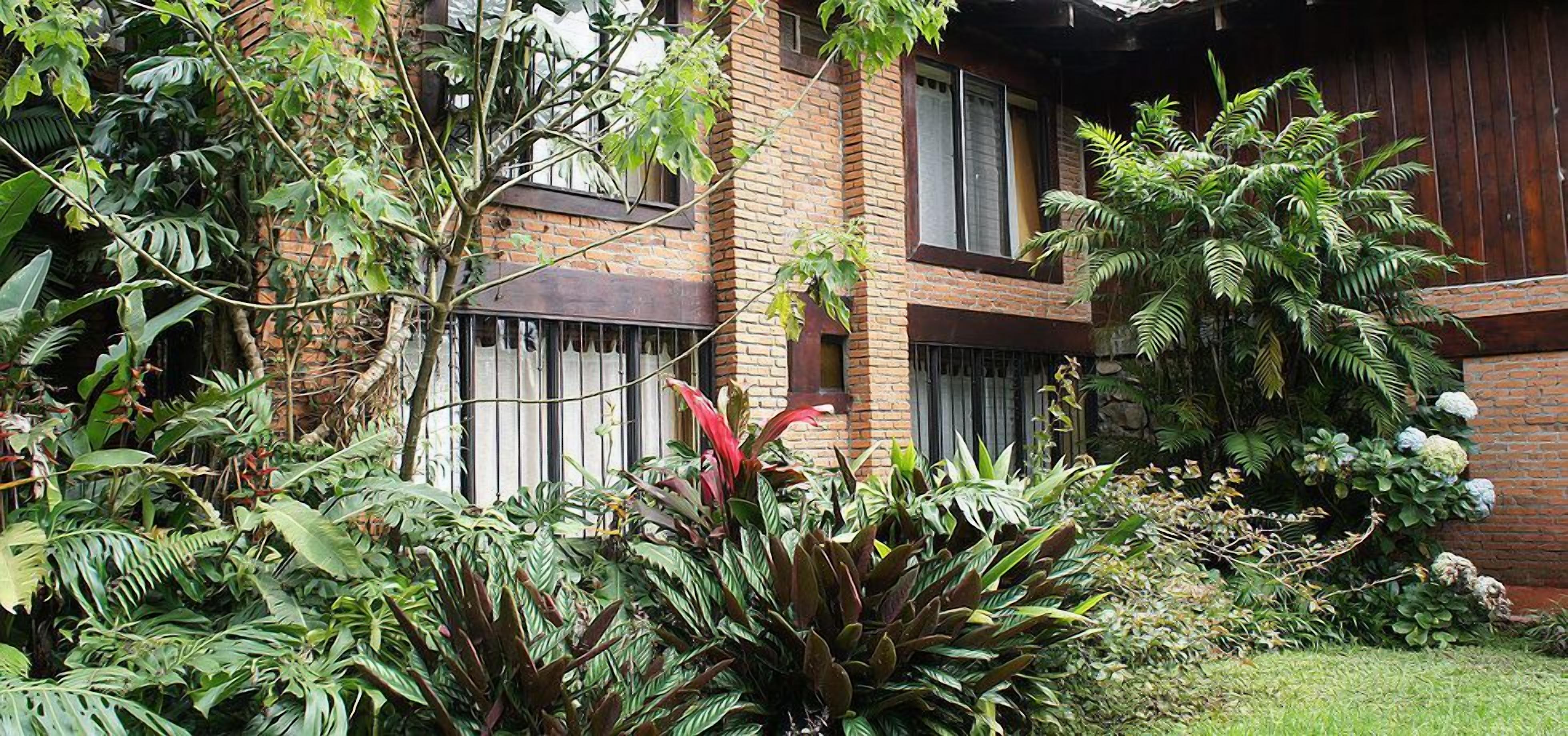 A brick building with a balcony, surrounded by dense tropical foliage.