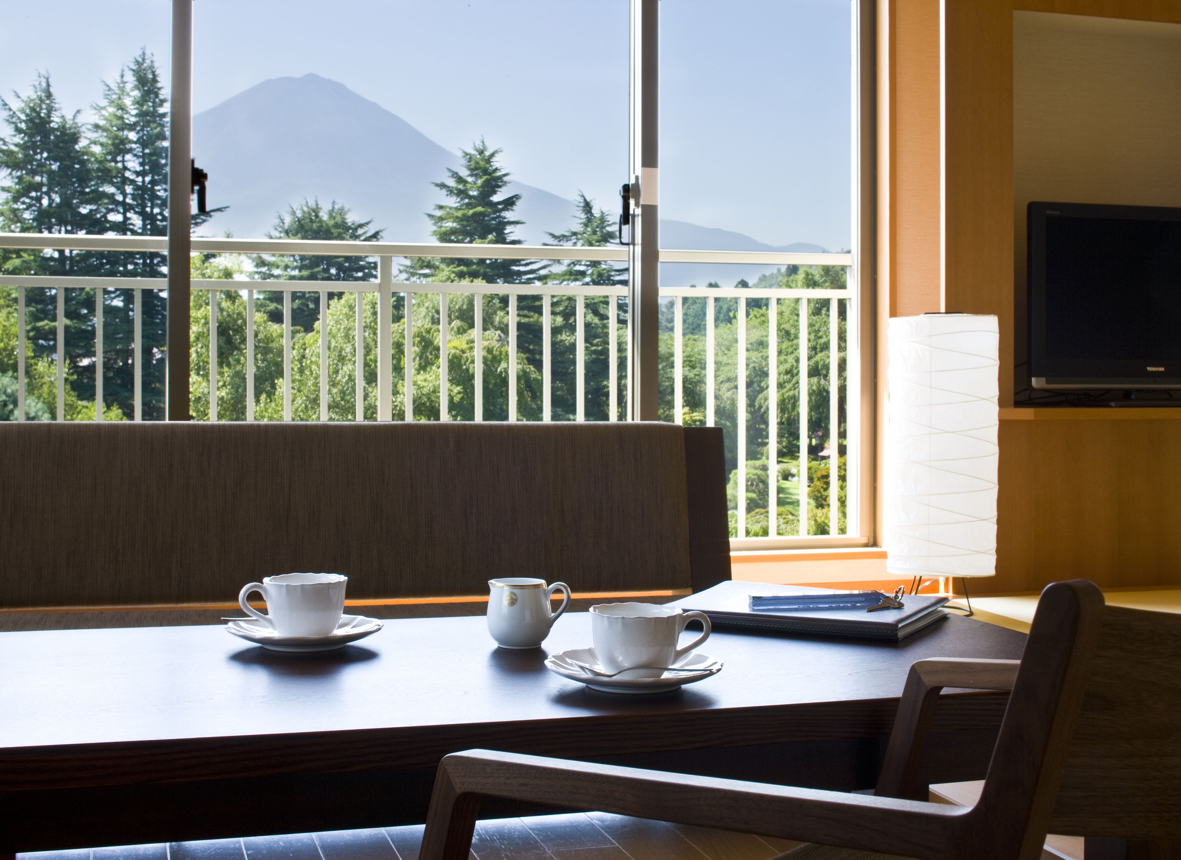 A room with a dining table set for two, a TV, and a view of a mountain and trees through large windows.