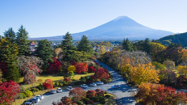 Un parking rempli de voitures, entouré d’arbres aux couleurs automnales et offrant une vue sur une montagne.