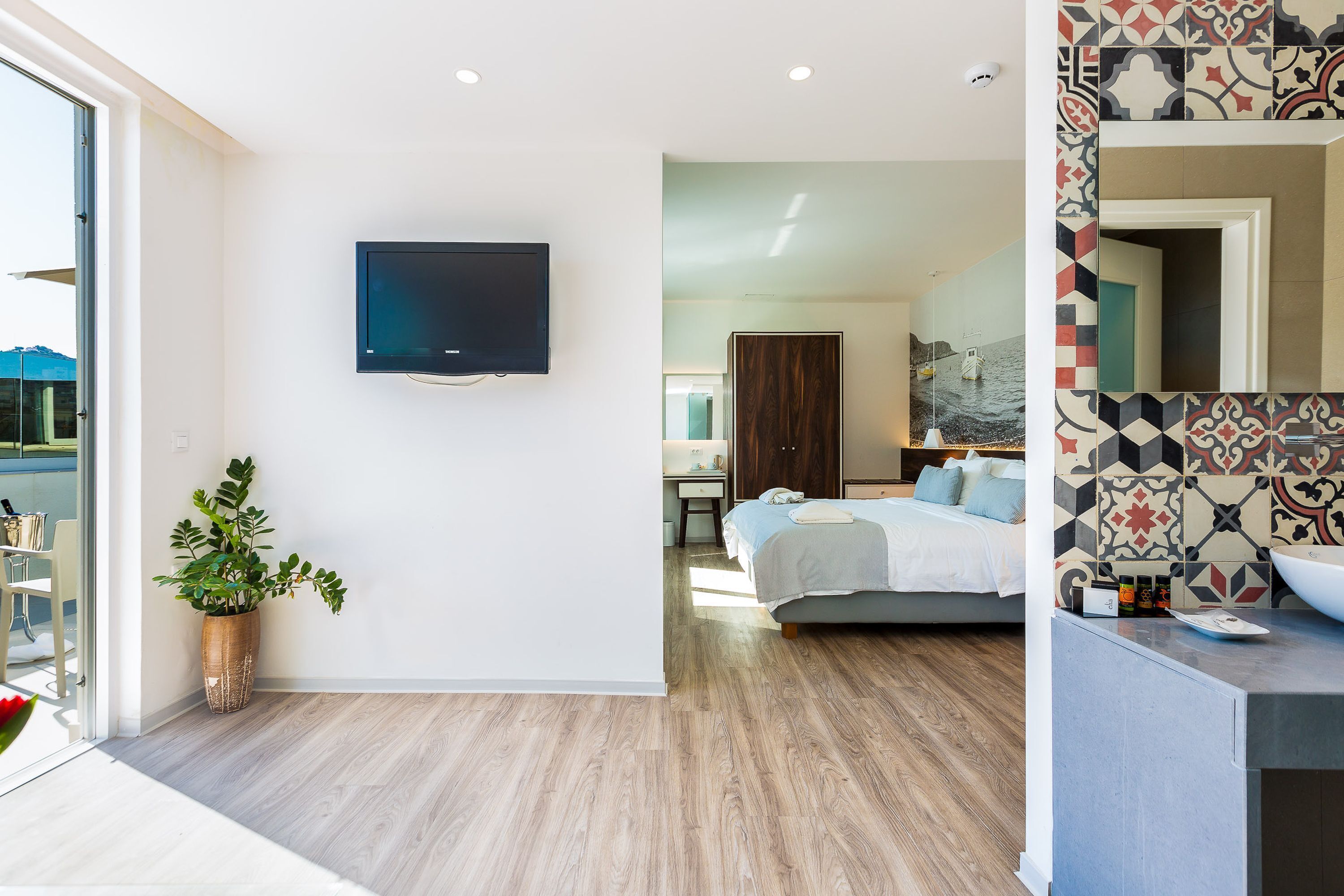 A modern bedroom with a TV, a large bed, a bedside table, and a potted plant.
