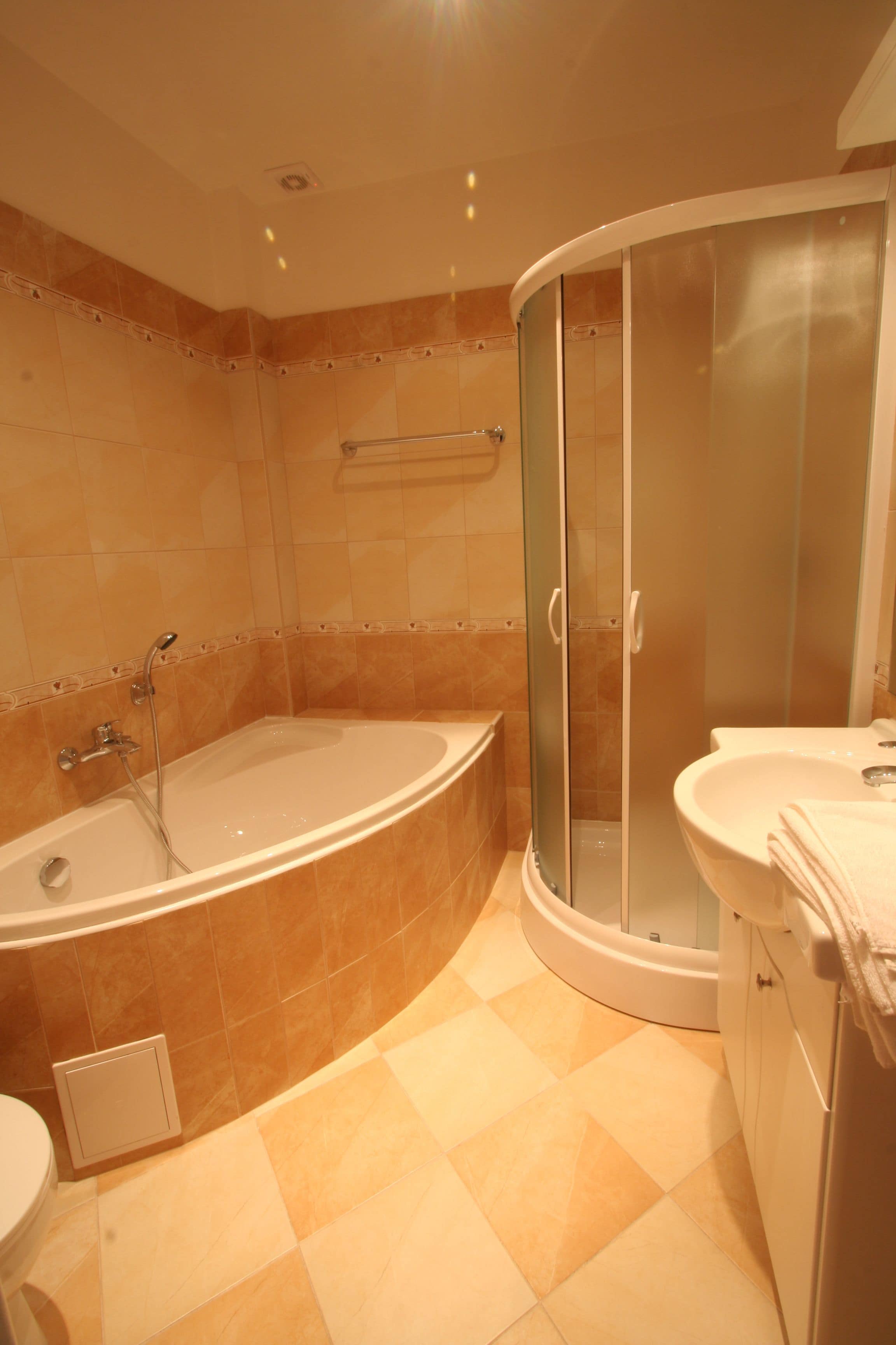 Combined shower/tub, deep soaking tub, free toiletries, hair dryer