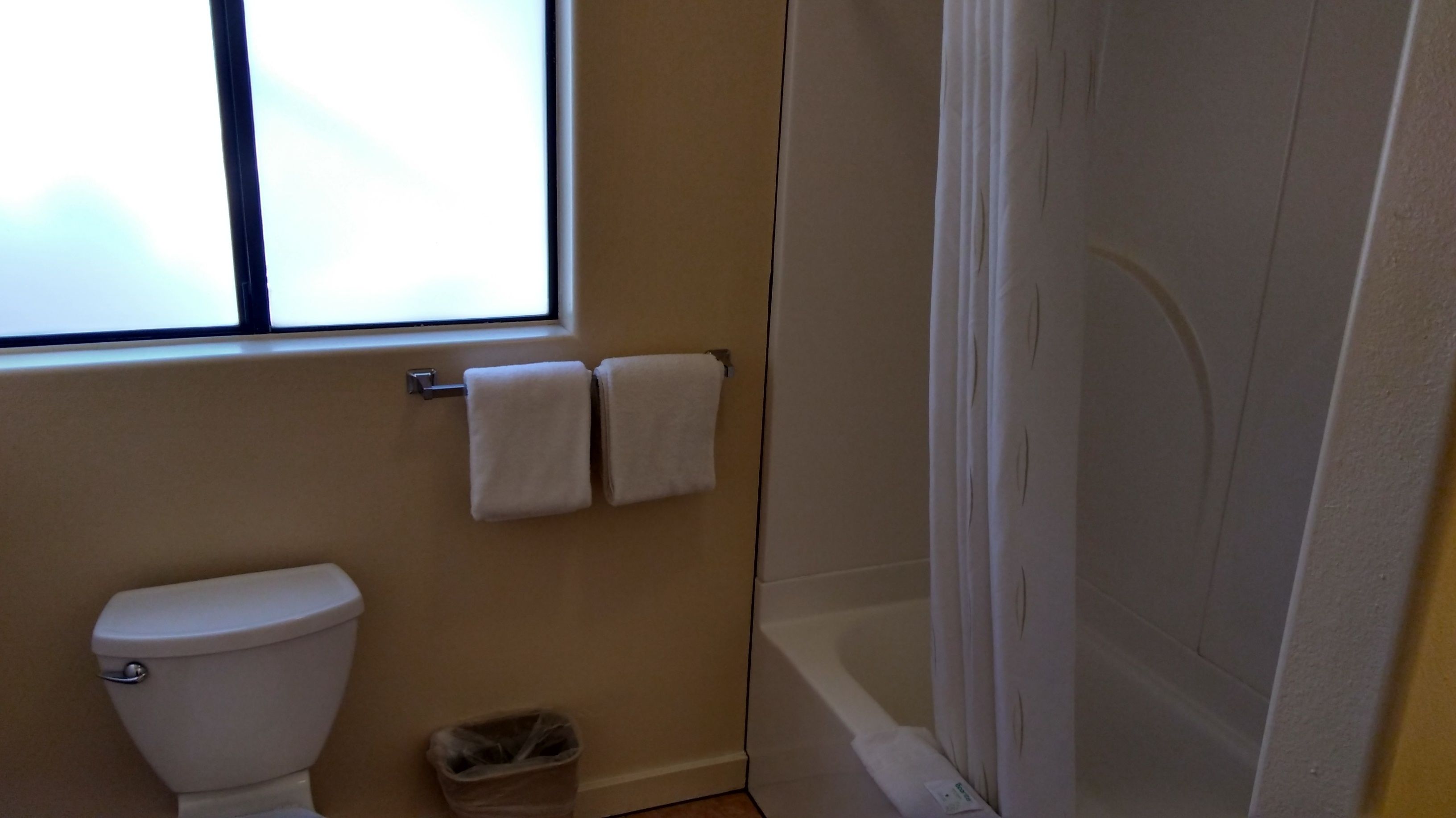 A bathroom with a toilet, a trash bin, and a shower area.
