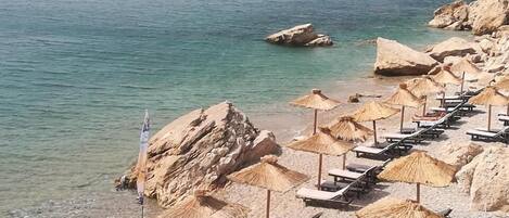 Beach nearby, sun loungers, beach umbrellas, beach bar