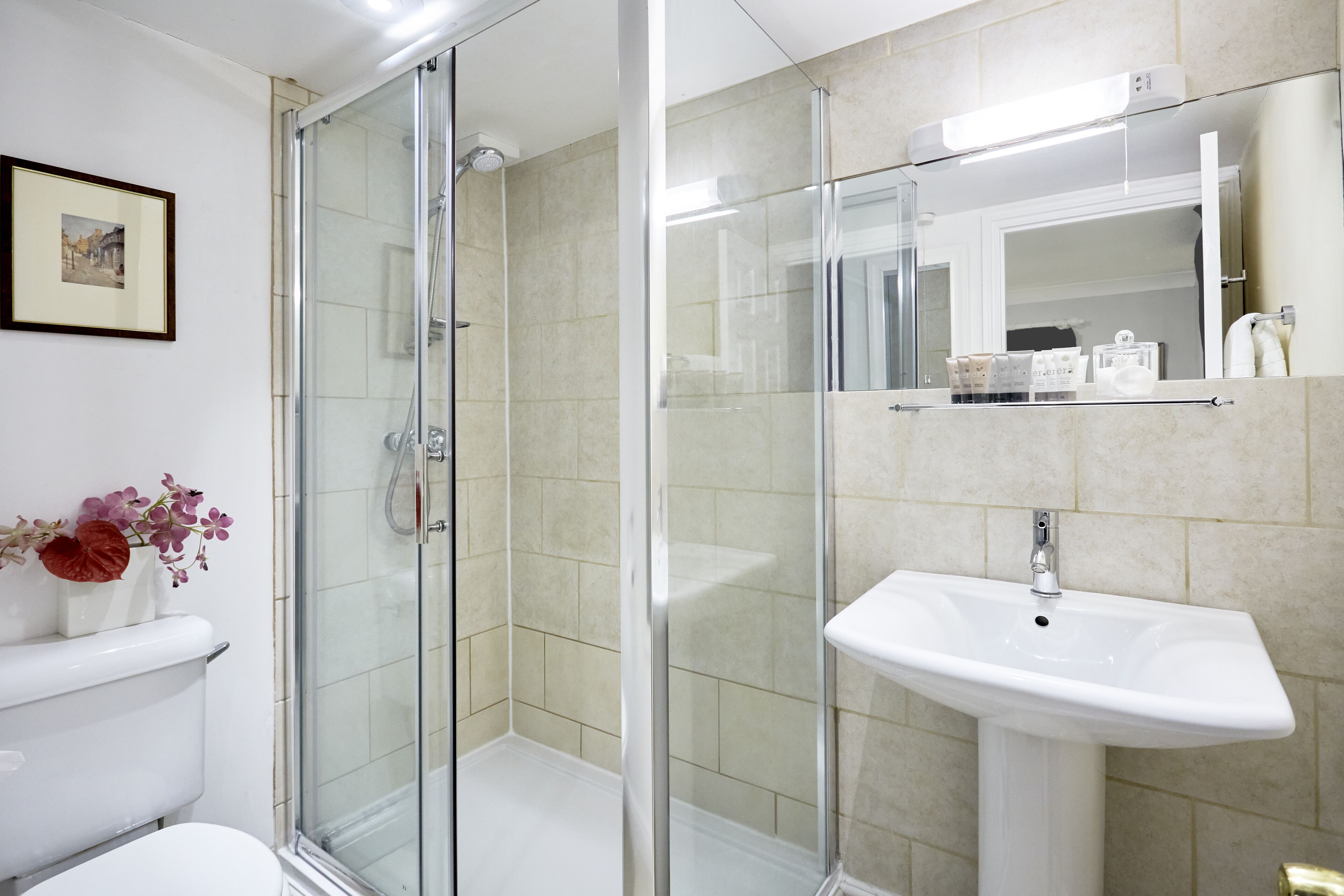 Un bany modern amb plat de dutxa envoltat de vidre, un lavabo blanc i un quadre al mur.