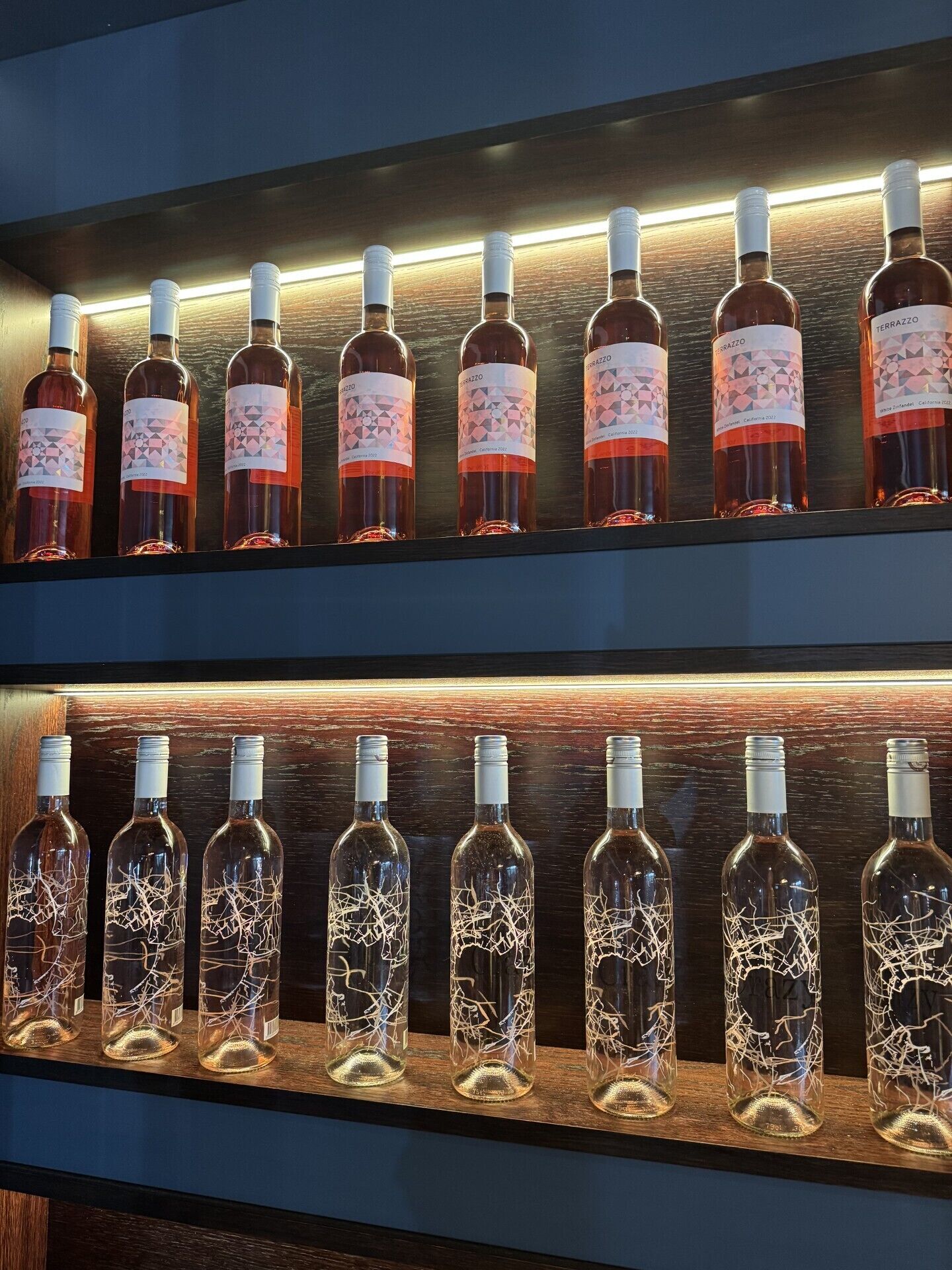 Duas prateleiras com garrafas de vinho, algumas com etiquetas e outras com desenhos detalhados no interior.