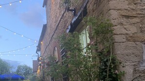 Un bâtiment en pierre avec un chemin bordé de briques, des plantes en pot et des guirlandes lumineuses.