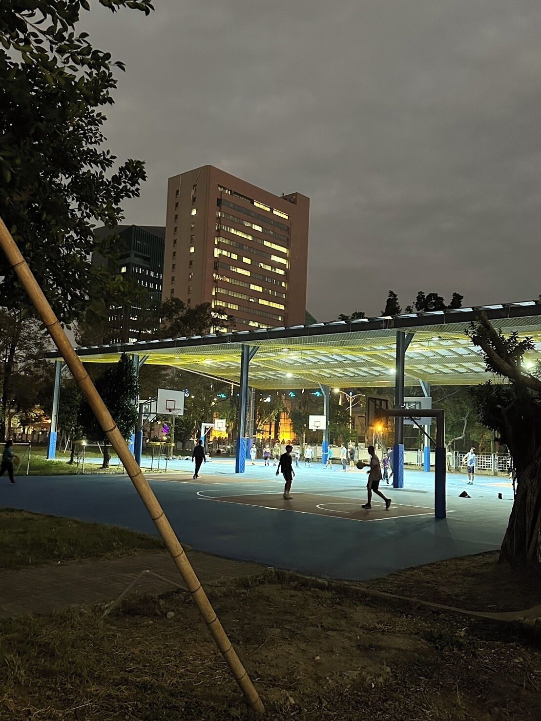 An outdoor basketball court with a transparent roof structure, surrounded by trees and a tall building in the background.