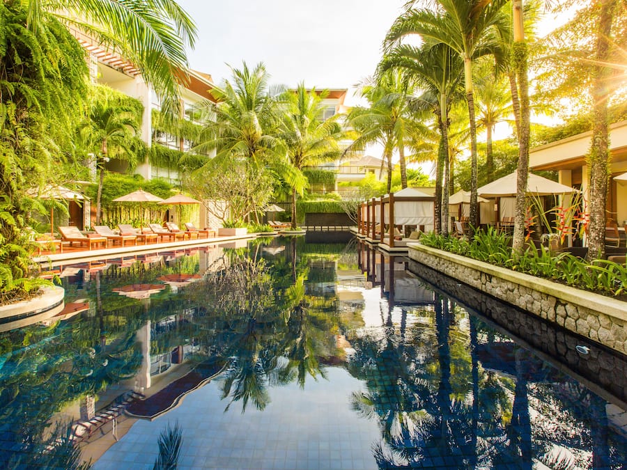 Outdoor pool, pool umbrellas, pool loungers