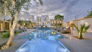 Seasonal outdoor pool, pool umbrellas, pool loungers
