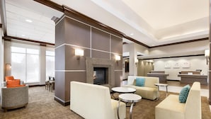 Un hall d’entrée spacieux avec une cheminée, des sièges confortables et un comptoir de réception.