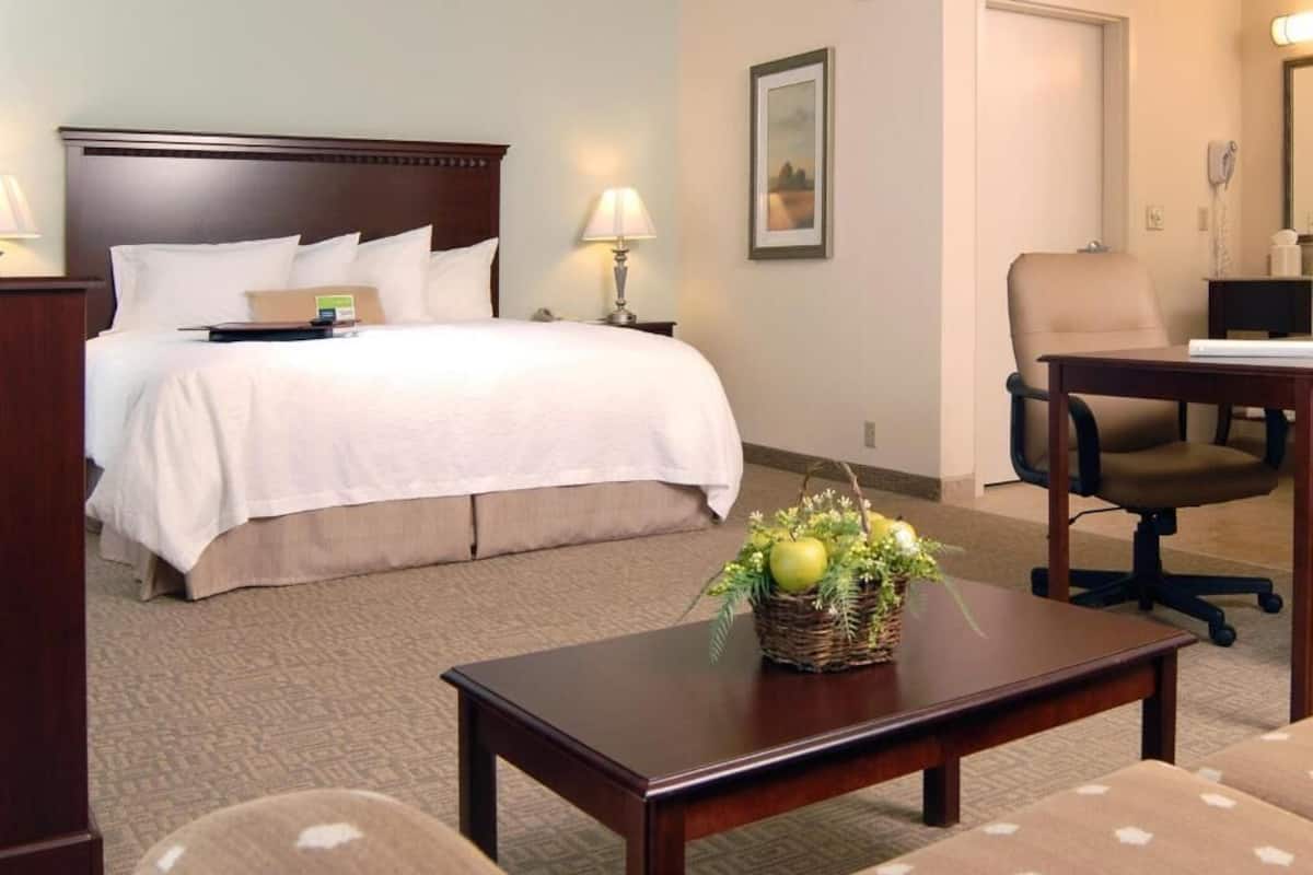 Ein Hotelzimmer mit Bett, Nachttischen, Schreibtisch, Sessel und einem kleinen Tisch mit Obstkorb.