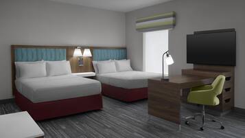 Une chambre d’hôtel avec deux lits, un bureau, une chaise, une télévision et une fenêtre.