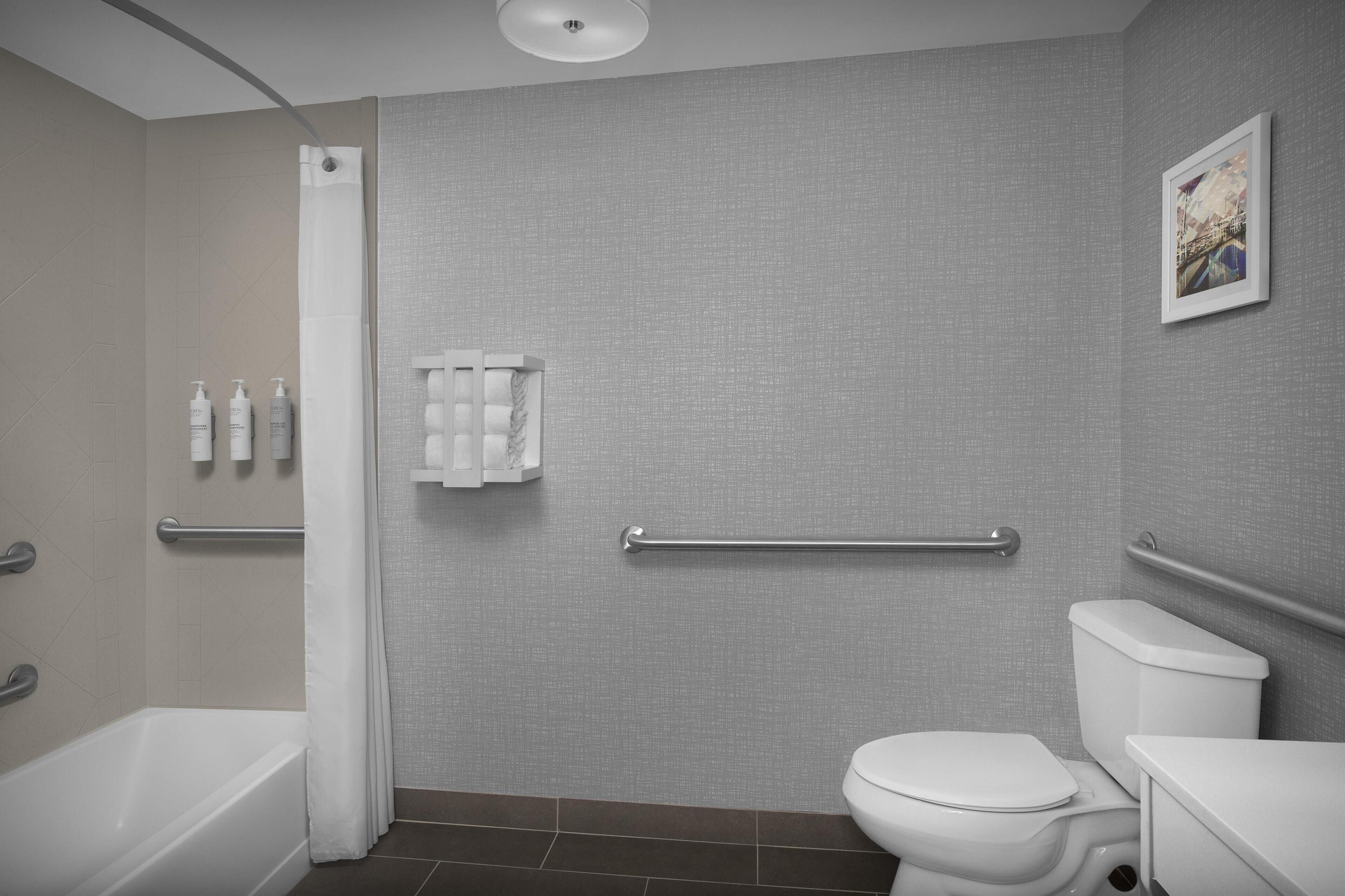 combined shower/bathtub, free toiletries, hair dryer, towels