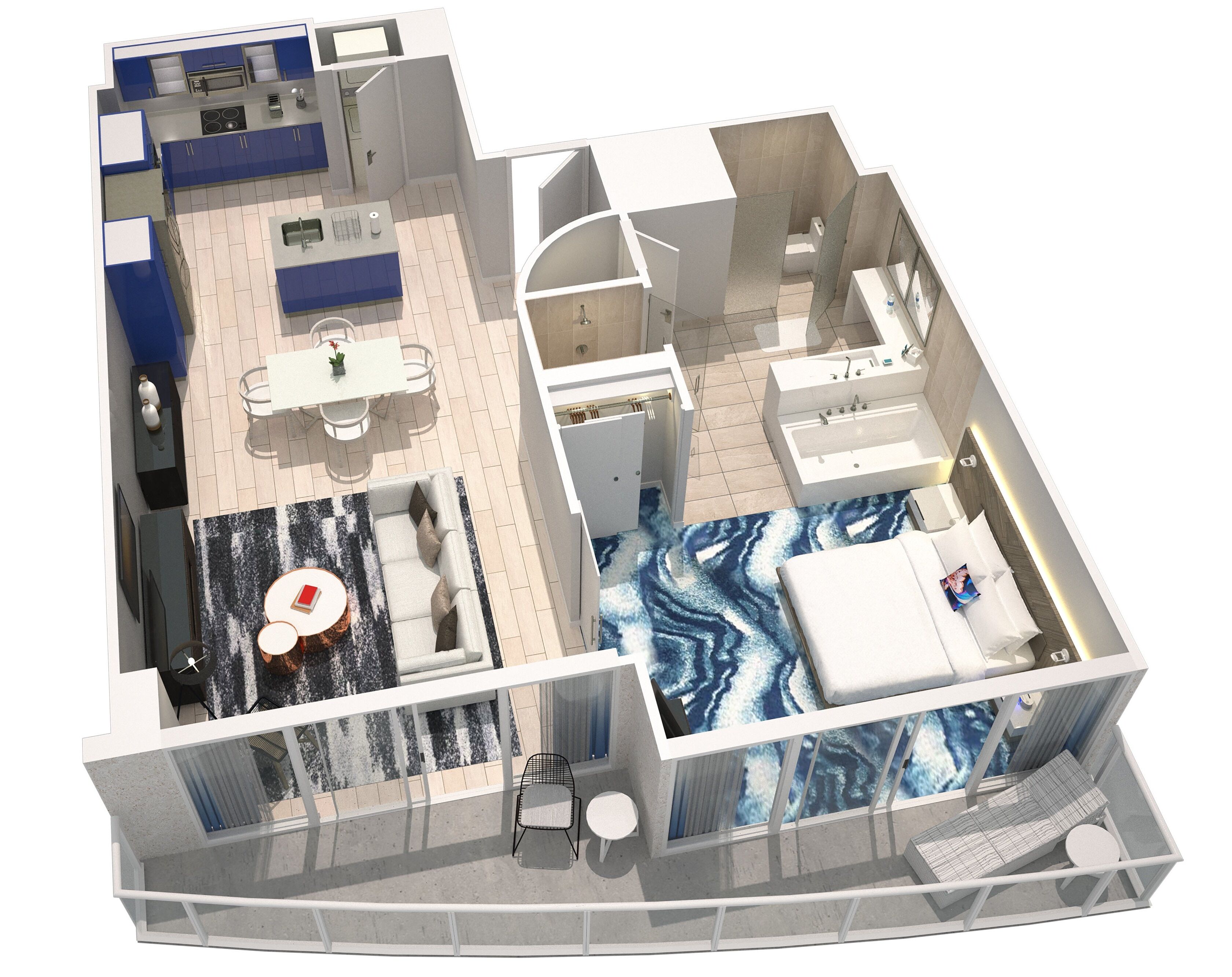 A 3D floor plan of a hotel room with a kitchen, dining area, bathroom, and a balcony with a pool.