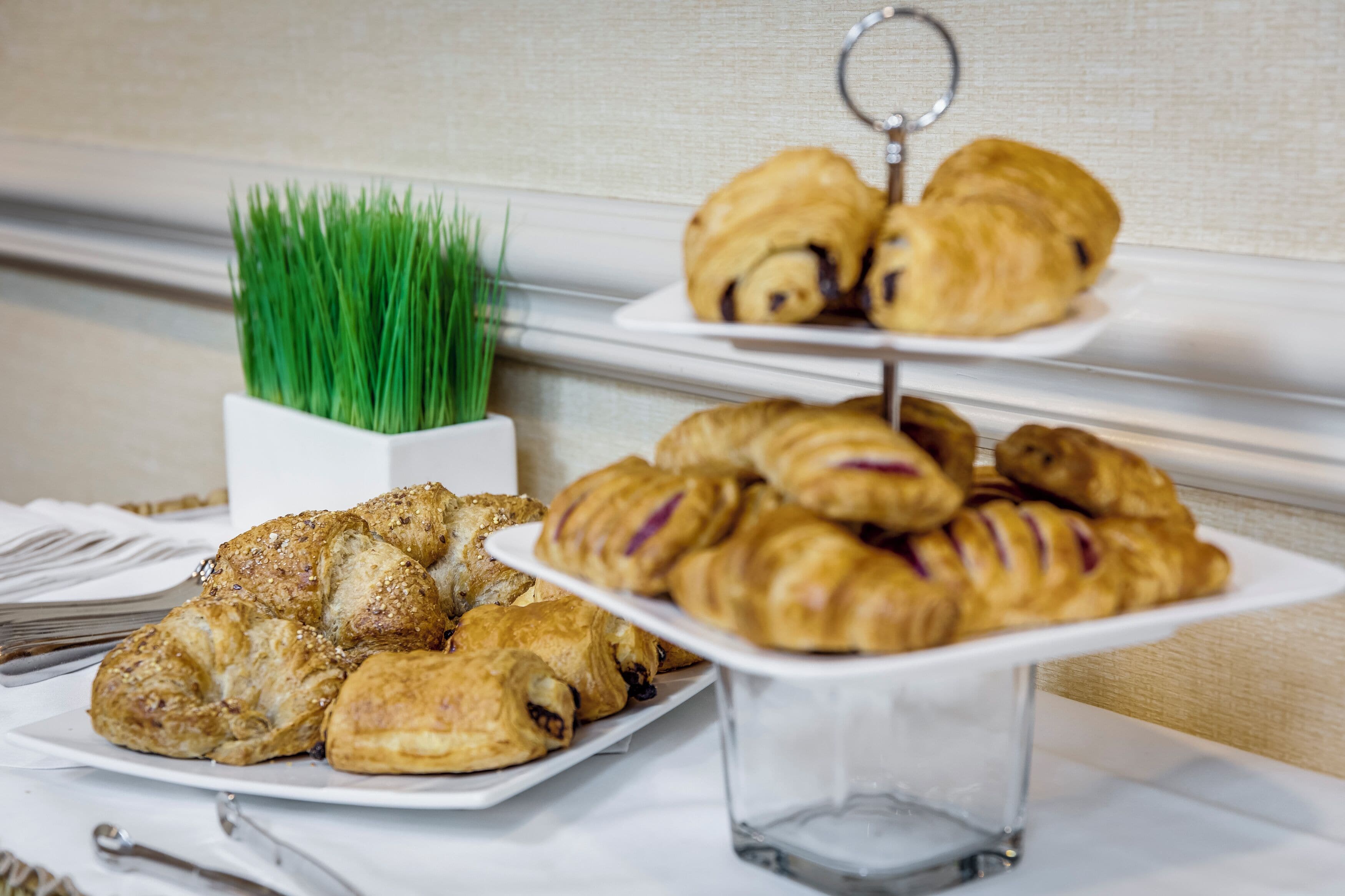 A buffet table with various pastries and a small potted plant.