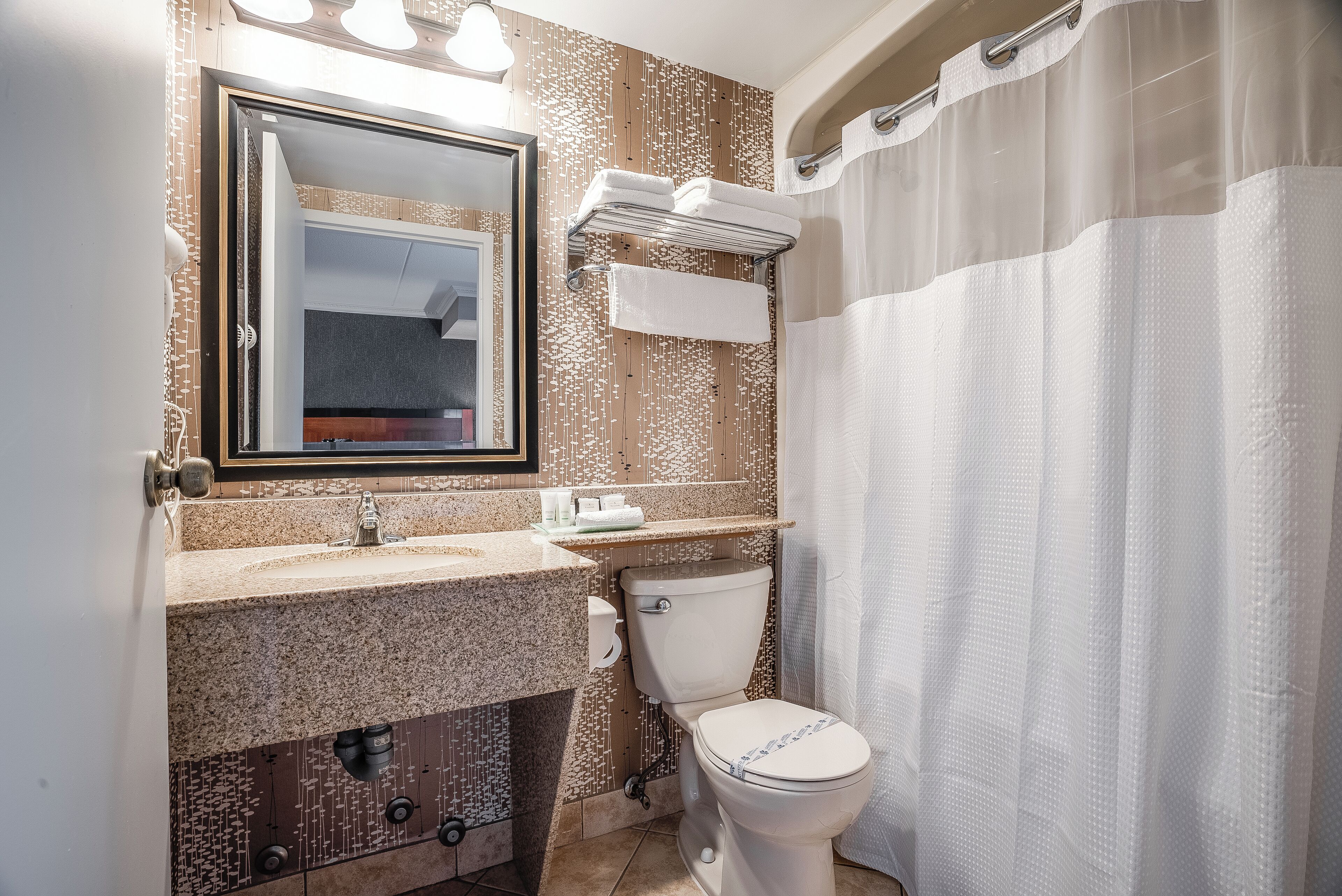 Un baño con encimera de granito, inodoro, toallero y cortina de ducha.