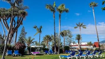 A resort with a pool area, palm trees, and lounge chairs.
