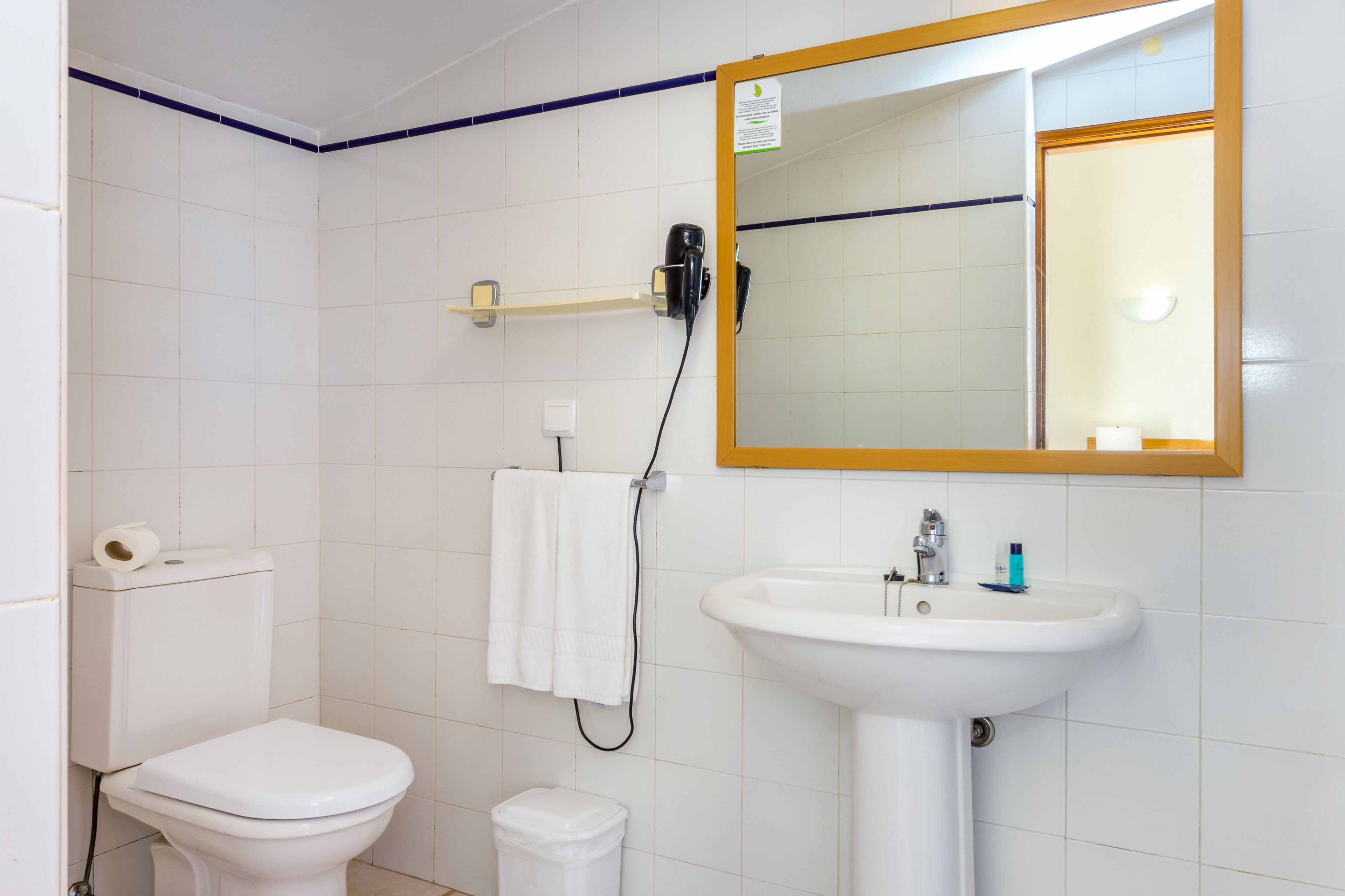 A bathroom with a toilet, sink, and mirror.