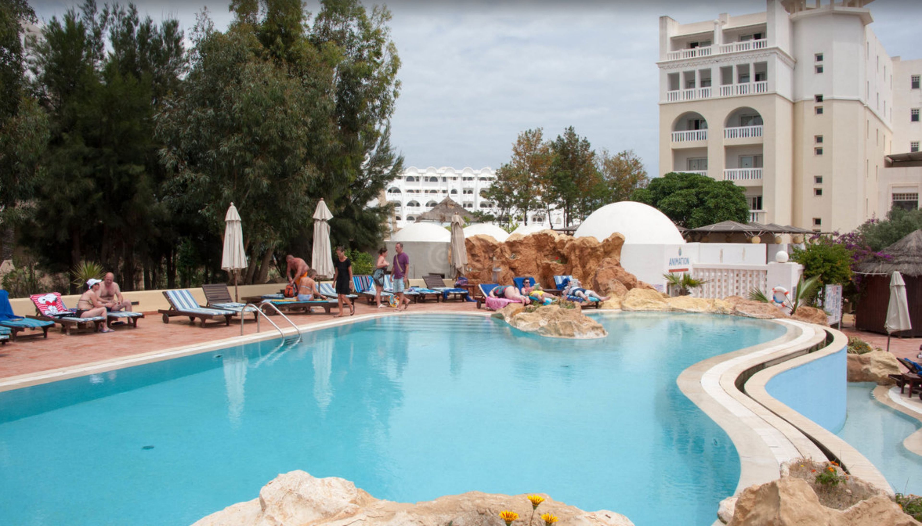 Une piscine entourée d’arbres et d’un bâtiment doté de nombreux balcons, avec des chaises longues et des parasols à proximité.
