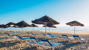 Une plage bordée de rangées de chaises longues bleues et blanches et de parasols en chaume.