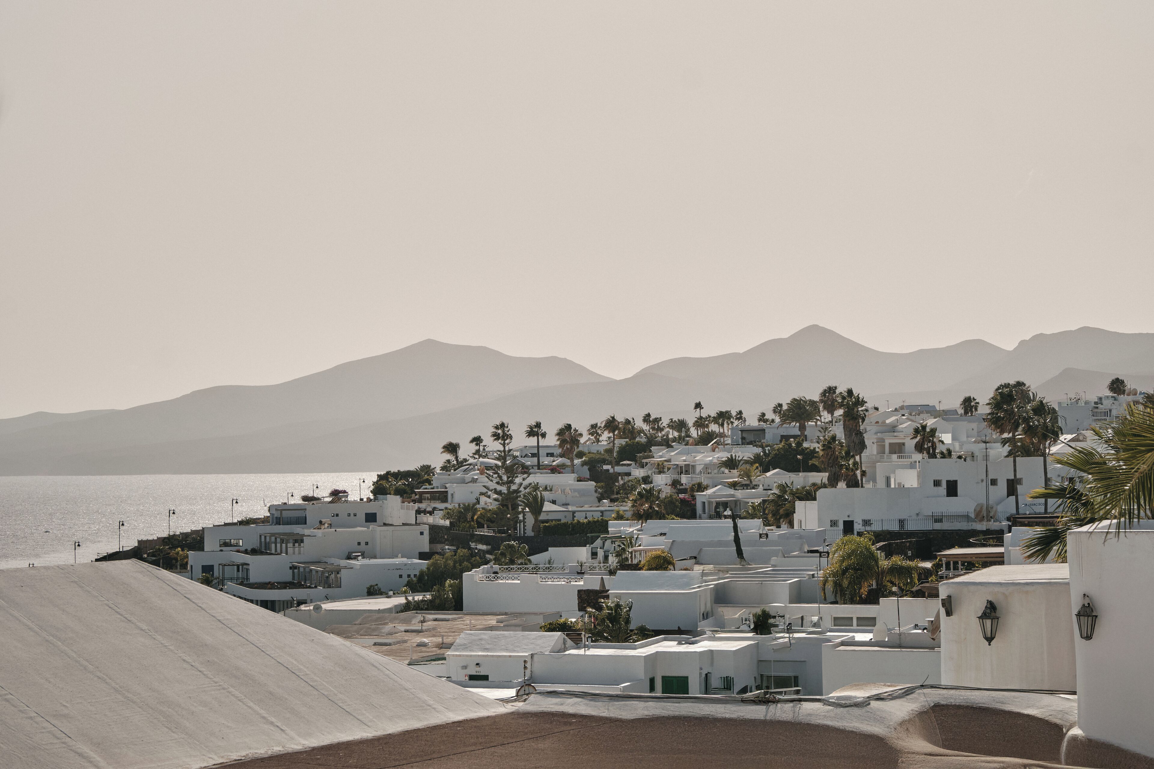 Un pueblo costero con edificios blancos, palmeras y montañas al fondo.