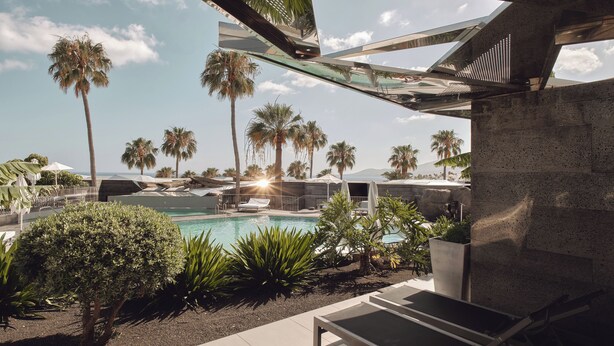 A poolside area with lounge chairs, palm trees, and a clear view of the ocean. - La Isla y el Mar Hotel Boutique - Adults Only (Tías)