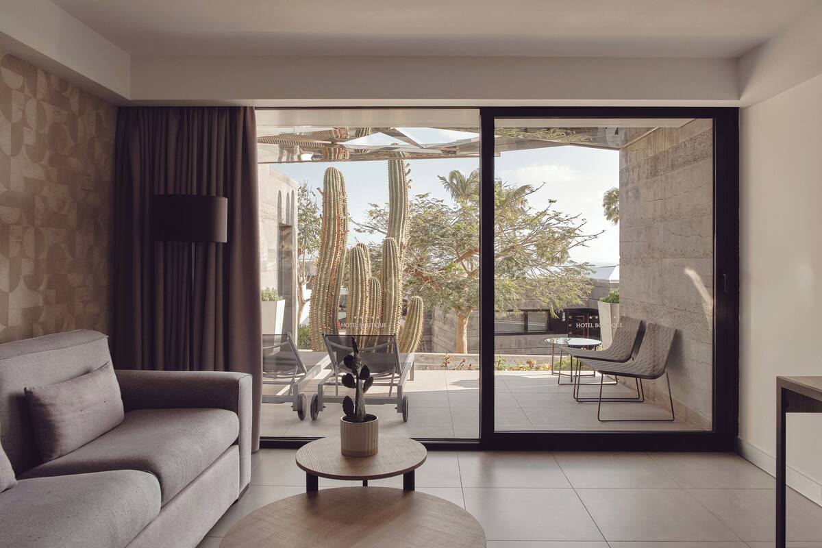 A modern living room with a sofa, a coffee table, and a view of an outdoor patio with chairs and cacti.