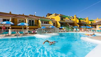 Outdoor pool, pool umbrellas, pool loungers