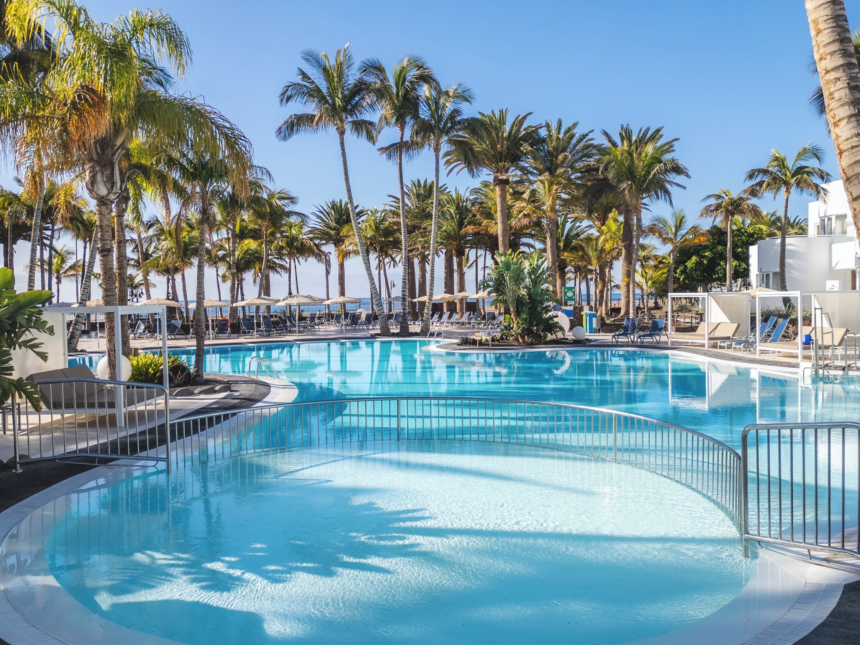 Piscine extérieure, chaises longues