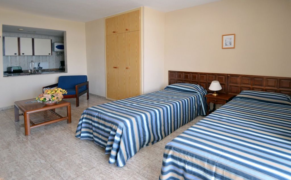 A hotel room with two beds, a small table with a vase of flowers, a chair, a wardrobe, and a kitchenette.