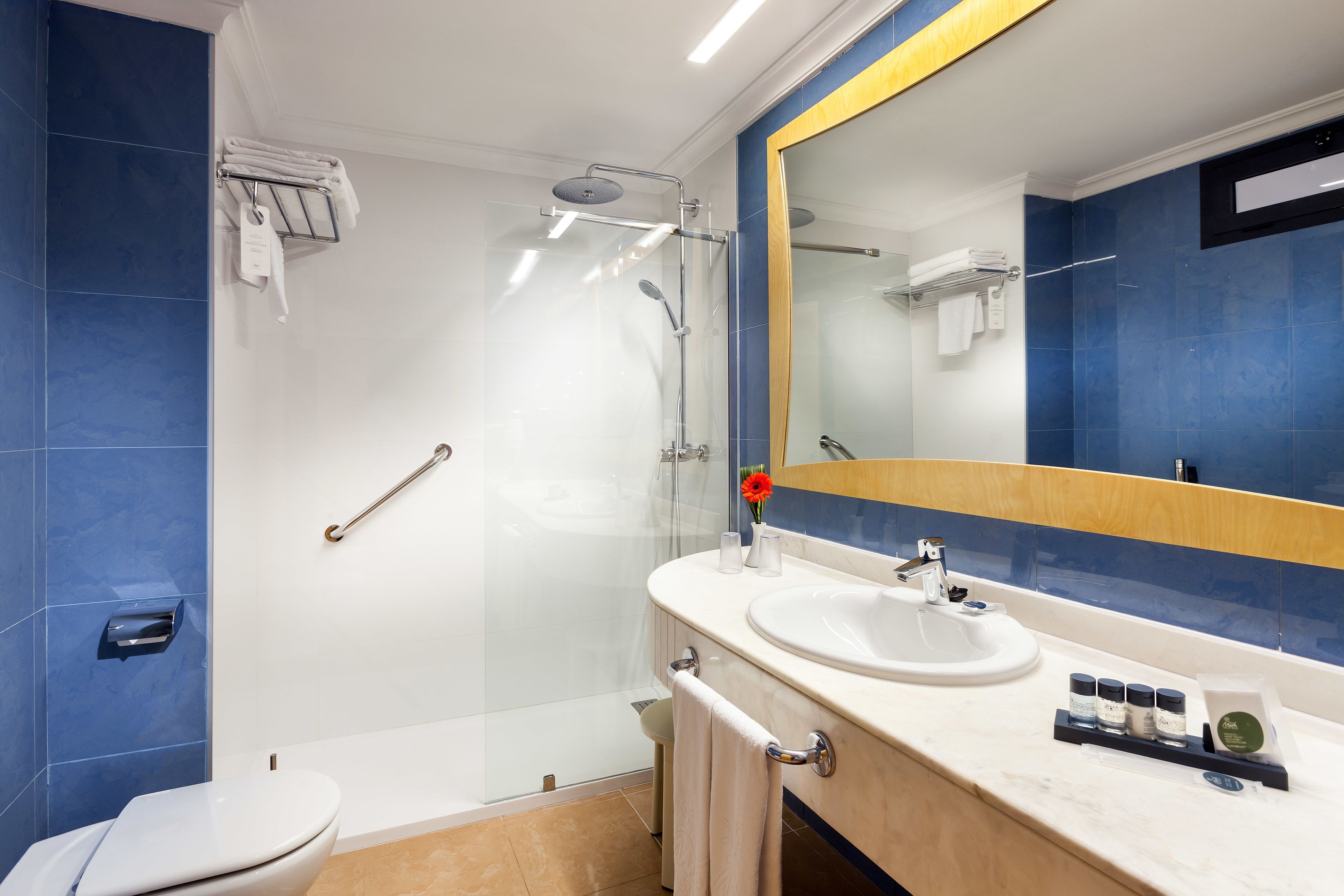 combined shower/bathtub, hair dryer, bathrobes, slippers