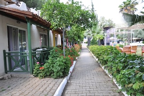 A pathway lined with greenery and a building with a green facade and a tiled roof. - Pigale Beach Resort (Kusadasi)