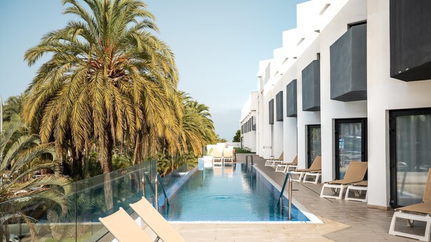 Zona de piscina con sillas de descanso, barandilla de cristal y palmeras.