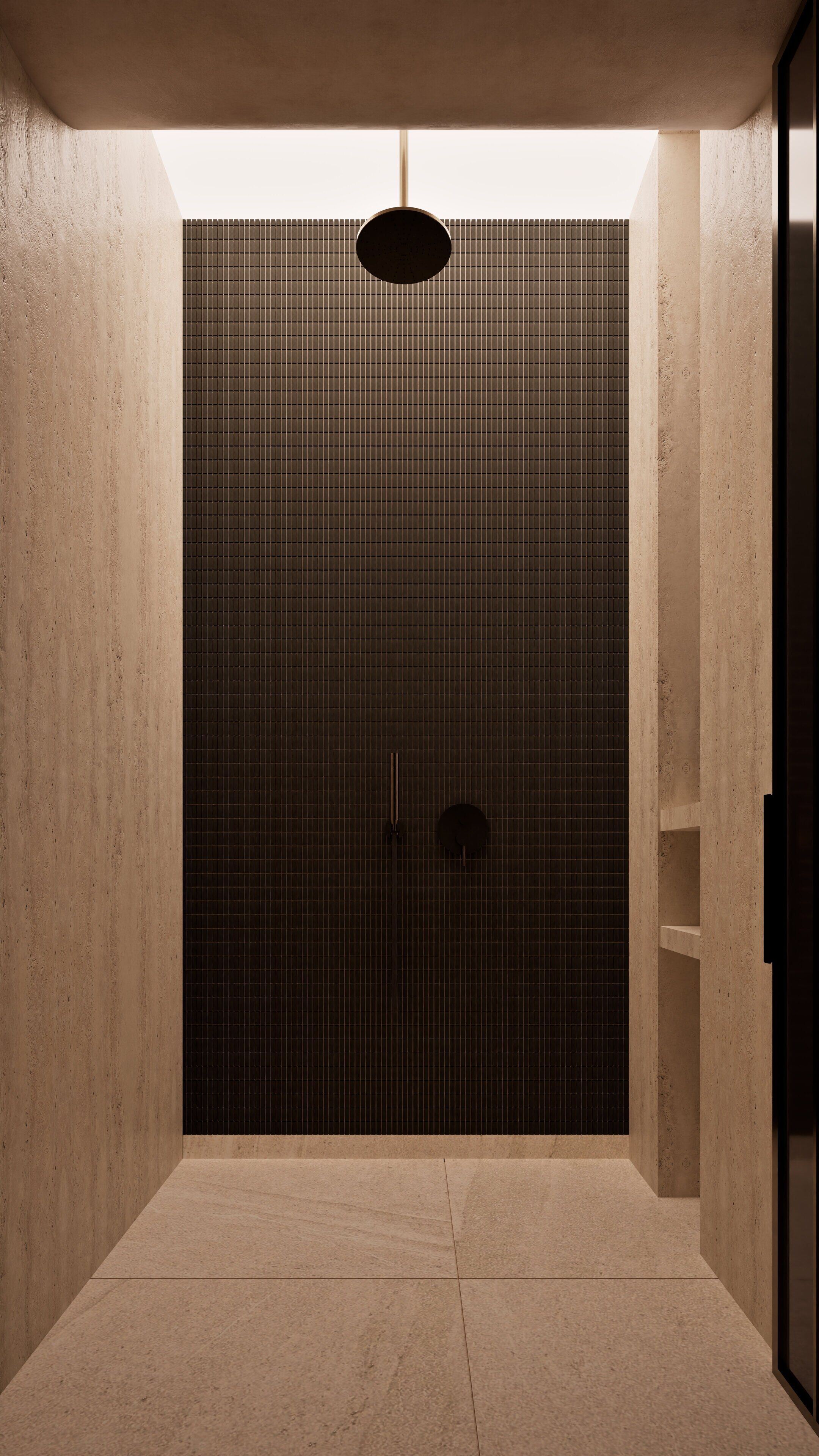 Un baño moderno y minimalista con pared de ducha revestida de azulejos, una lámpara colgante sencilla y un diseño limpio y despejado.