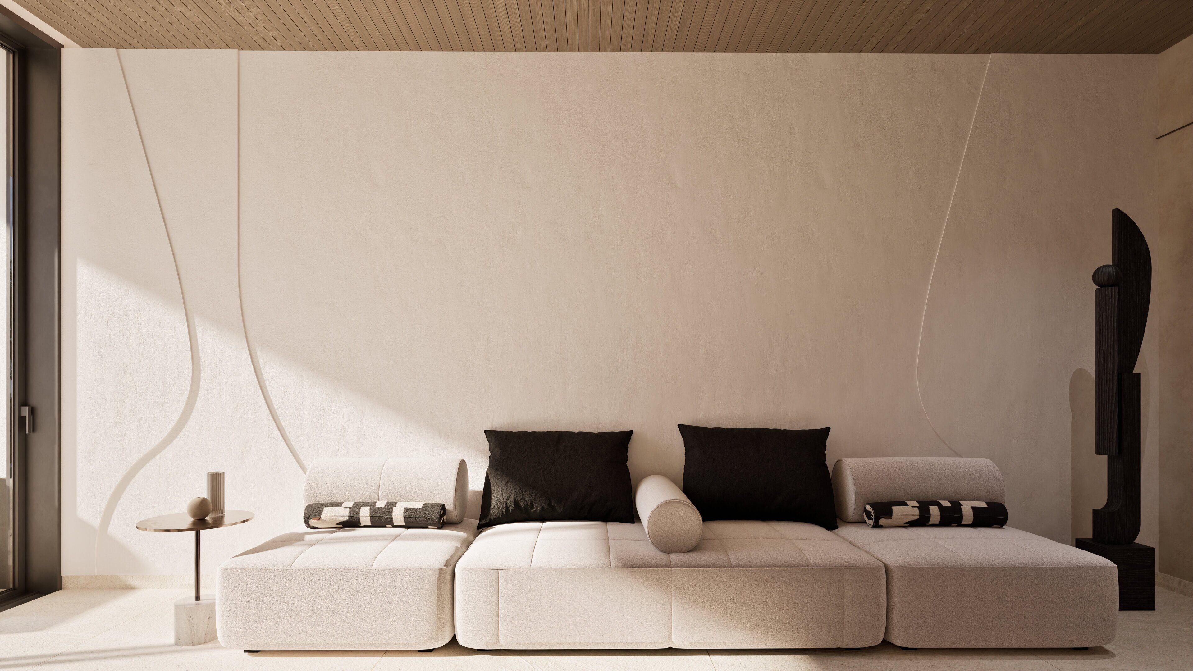 Een moderne woonkamer met een hoekbank, een klein bijzettafeltje en een minimalistische inrichting.