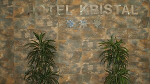 A wall with the text "HOTEL KRISTAL" and decorative star-shaped elements. There are two potted plants in front of the wall. - Hotel Kristal (Torremolinos)