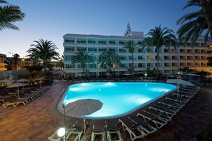 Outdoor pool, pool umbrellas, pool loungers