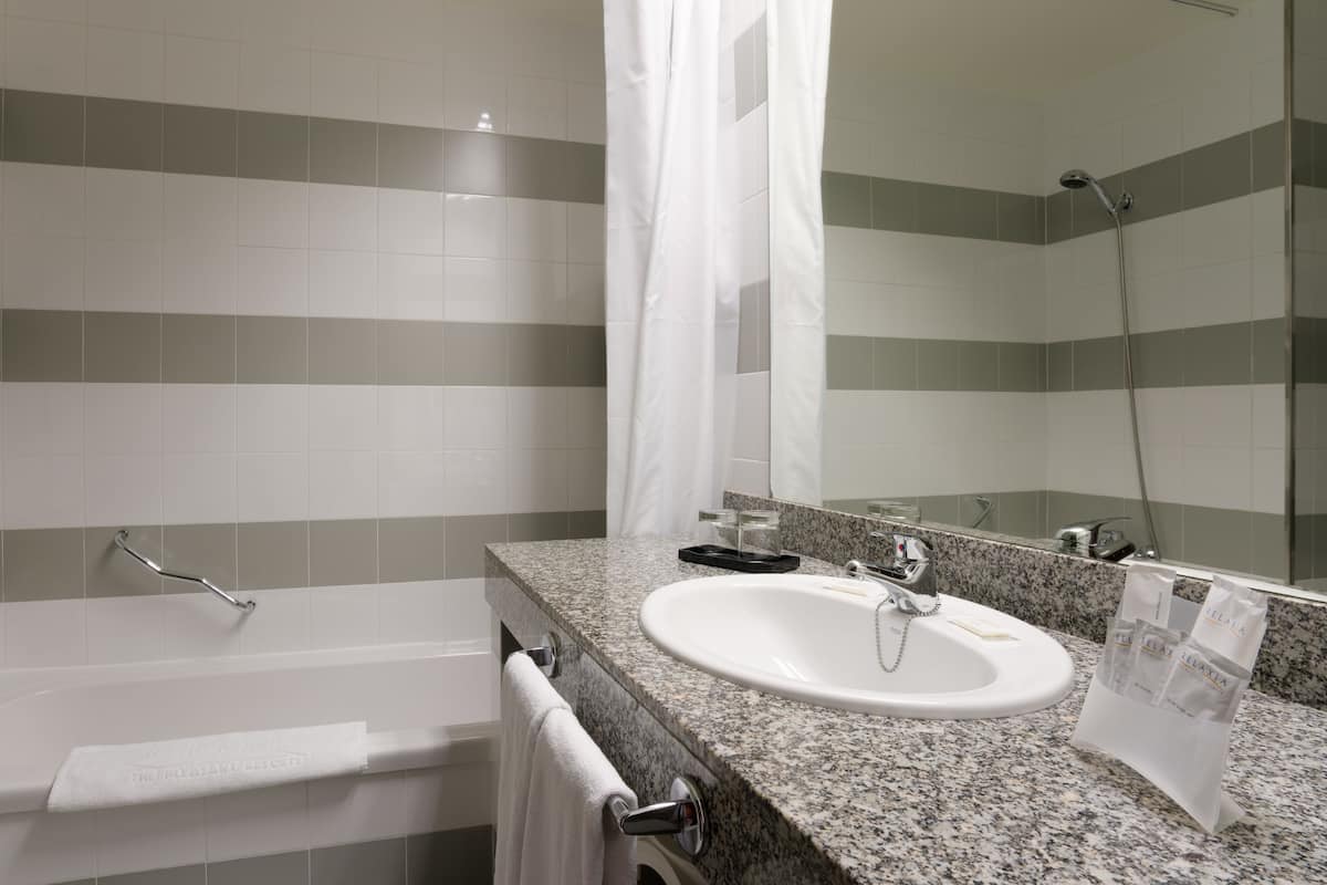 bathtub, hair dryer, bidet, towels