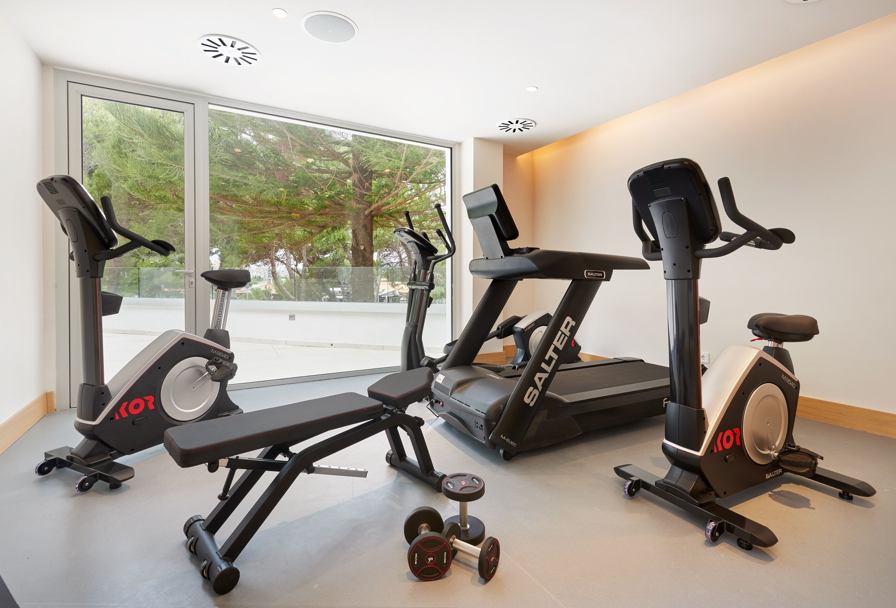 A home gym with cardio equipment, weight machines, and dumbbells.