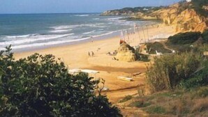 Una playa con olas, una orilla arenosa y acantilados rocosos.