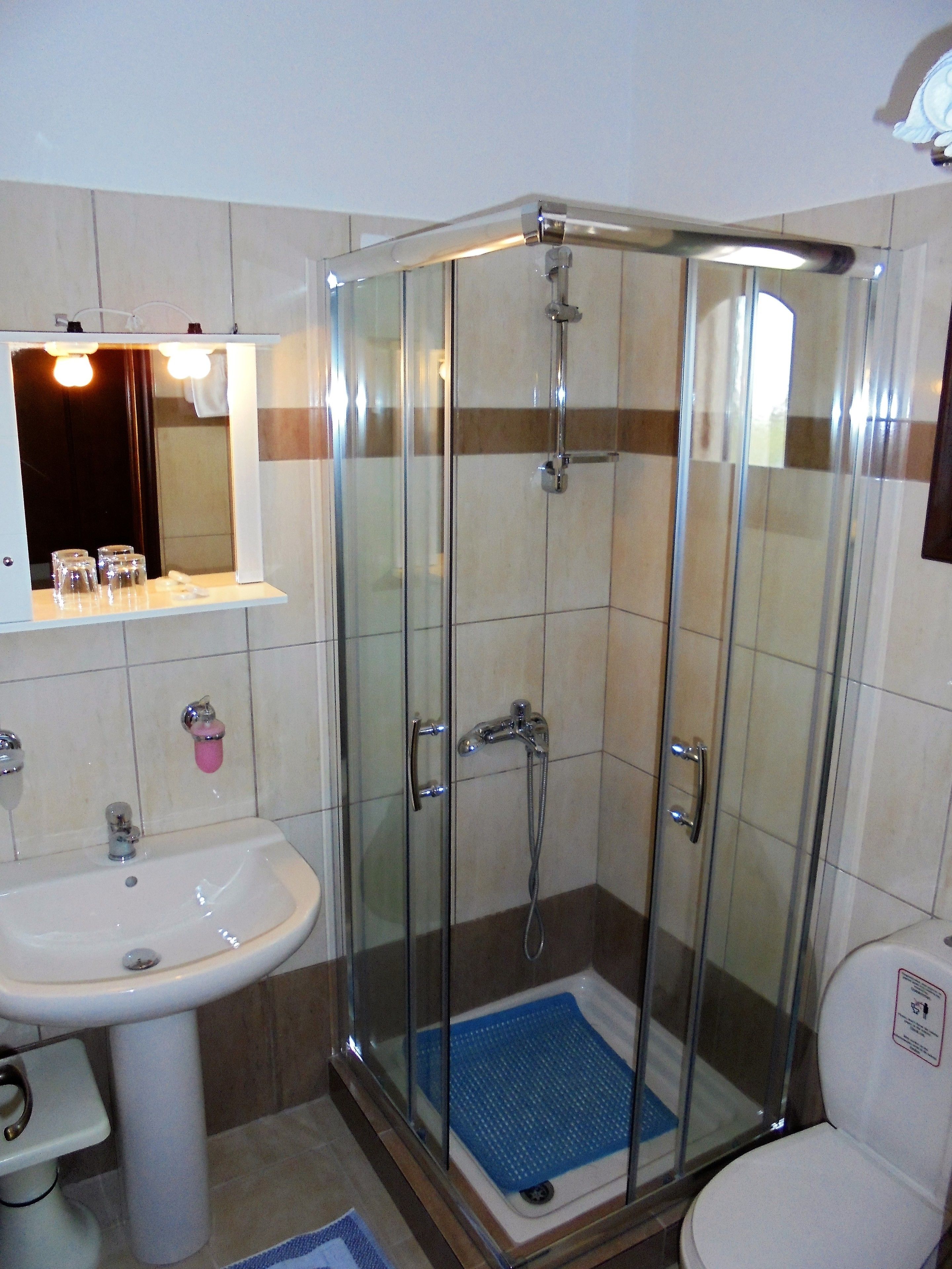 A bathroom with a glass-enclosed shower, a sink, and a mirror above the sink.