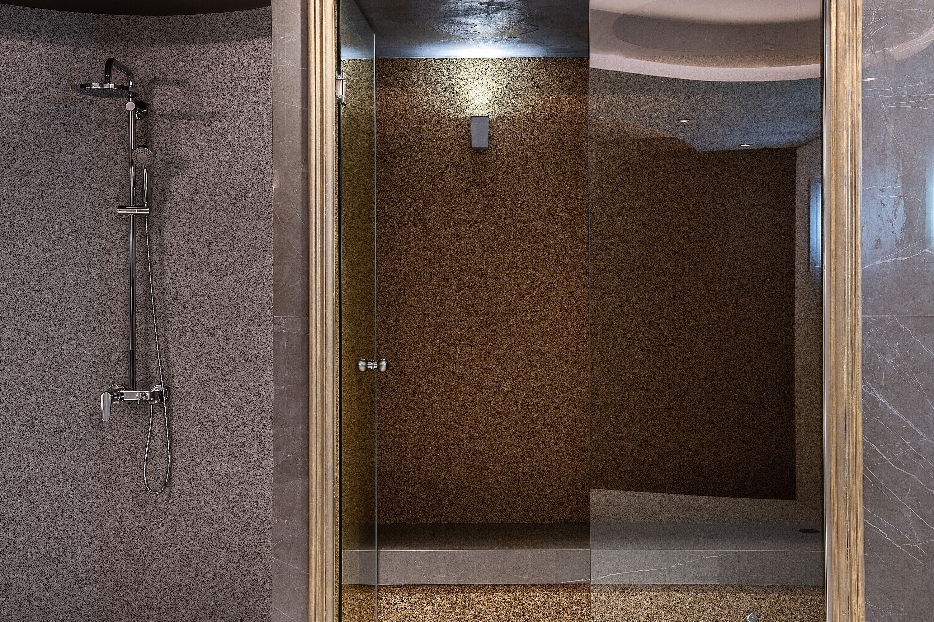 Une douche moderne dotée d’une porte en verre, d’un pommeau de douche à main et d’un panneau de commande fixé au mur.